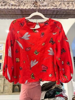 Zara Basic Red Satin-Finish Insect & Butterfly Print Blouse | XS